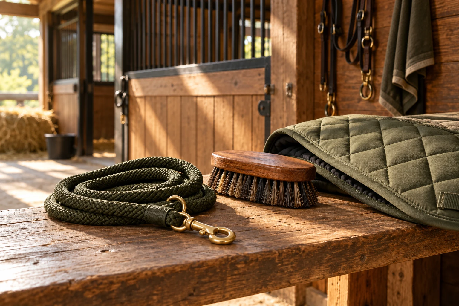 Grooming essentials on a timber stable bench